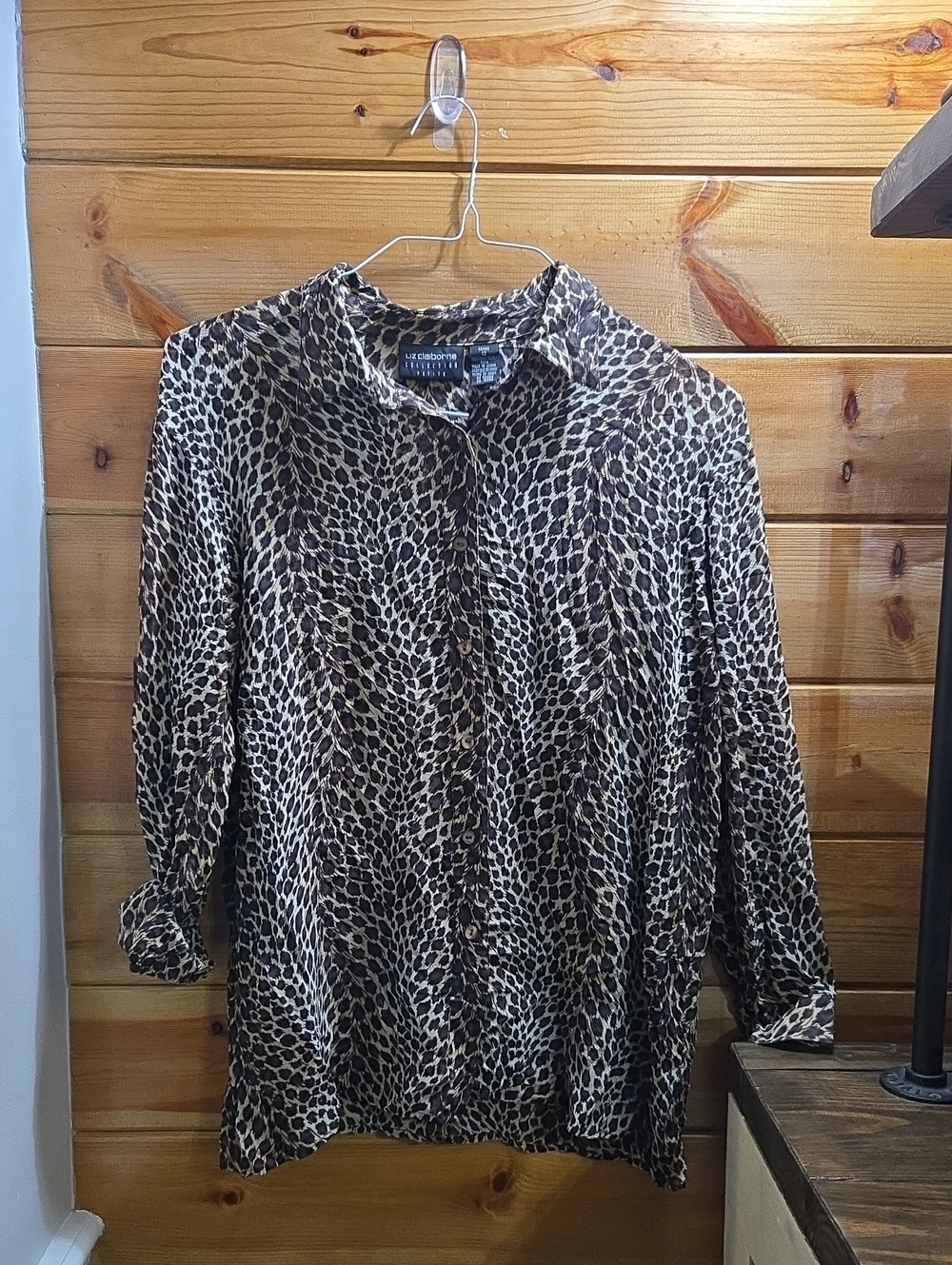 Liz Claiborne Leopard Print Button-Up Blouse 100% Silk Quiet Luxury Sz 12P